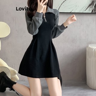 Lovito Casual Vestido Feminino Liso Colorblock com Fecho Frontal LNA29499 (Preto)