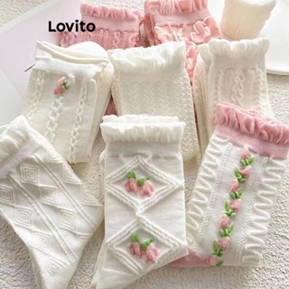 Lovito Meias Casuais Lisas Jacquard Colorblock Para Mulheres LNE38158 (Multicolorido/Rosa Claro/Branco/Esbranquiçado/Rosa)