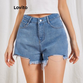 Lovito Shorts Jeans com Borda Crua para Mulheres LBL06004 (Azul Claro)