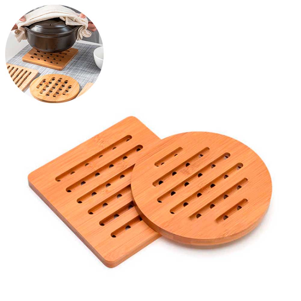 Kit 2 descanso de panelas travessa quente suporte bambu quadrado redondo apoio mesa bancada cozinha assadeira formas