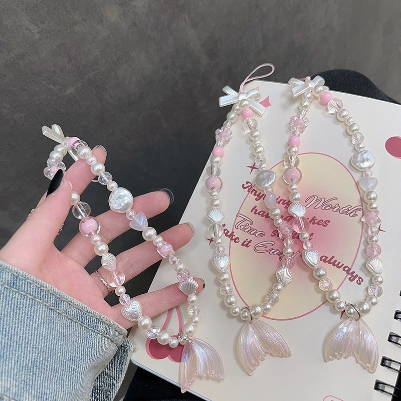 CuteWhite shell fishtail Pink Love Mobile Phone Chain Anti-Lost Rope Strap Lanyard Pearl Acrílico Pérola Cordão Para Telefone Celular Colorido Pendurar A Caixa Do