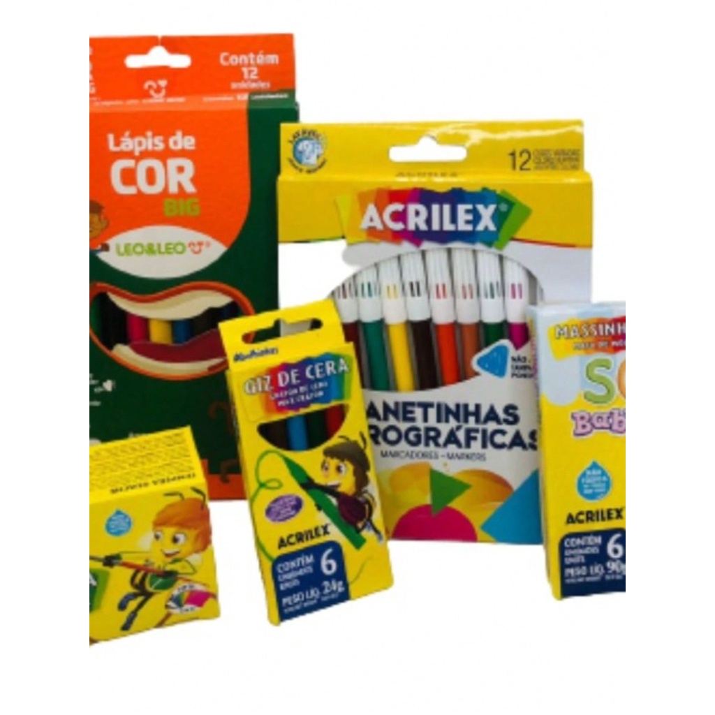 Kit Material Escolar Lápis De Cor Giz Cera Guache Massinha