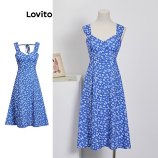 Lovito Casual Vestido Feminino Floral Franzido com Laço Traseiro L74ED314