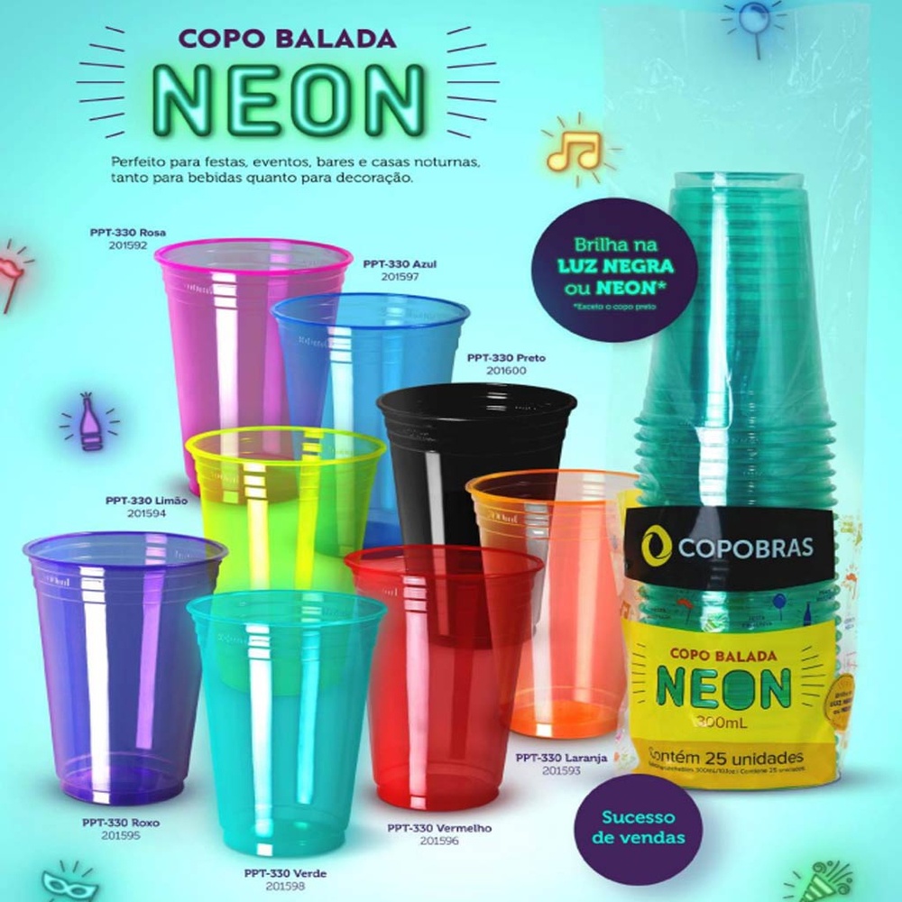 Copo Festa Plástico Balada Neon Escolha a Cor 300ml c/25 - Copobras