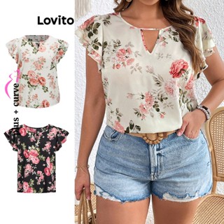 Lovito Plus Size Boho Blusa Feminina Floral em Camadas com Babados e Fenda Frontal LBE05152 (Rosa Claro)