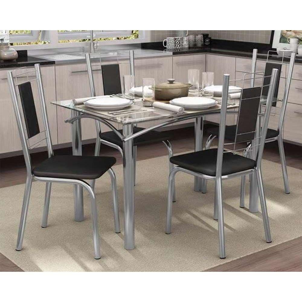 Sala de Jantar Completa Elba c/ Tampo Vidro 120cm + 4 Cadeiras Florença Cromado/Courano Preto - Kappesberg em Oferta na Shopee