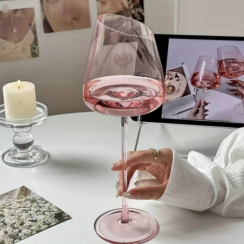 1 Peça De Taças De Vinho De Cristal Flamingo Rosa – Elegantes De Boca Inclinada Para Janta...