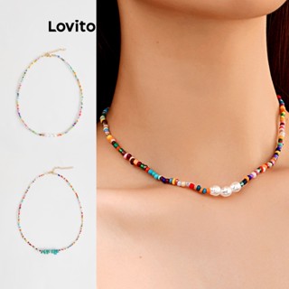 Lovito Casual Simples Colar de Pérolas para Mulheres L63AD010 (Multicolorido/Branco)