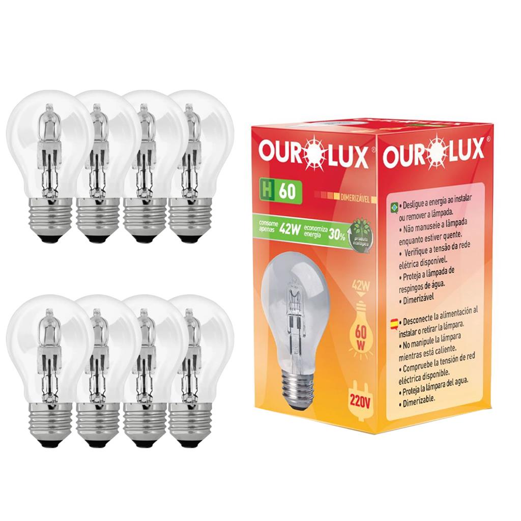 Kit 8 Lampadas Eco Halogena Clara H60 42W 220V E27 2800k em Oferta na Shopee