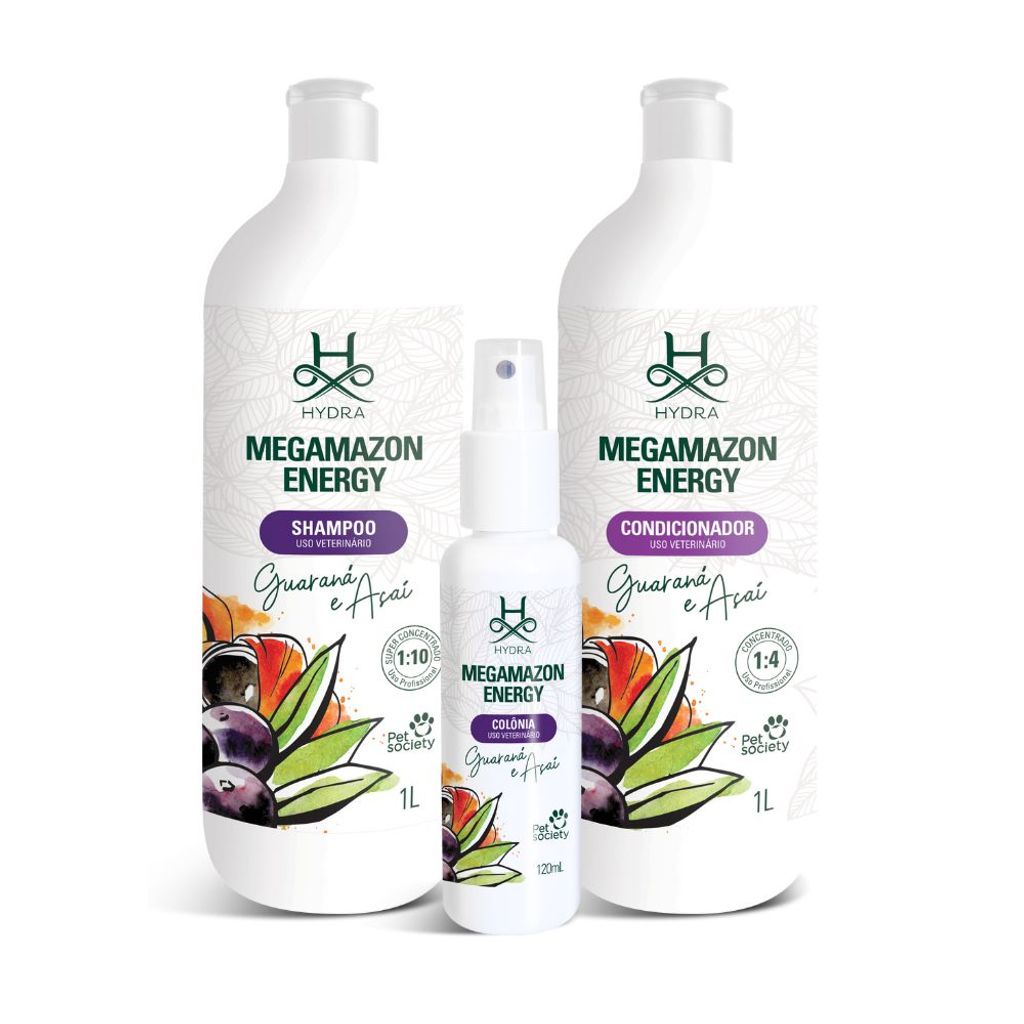 Kit Produtos Pet Cachorro Gato Hydra Megamazon Energy Guaraná e Açaí (Shampoo, Condicionador e Colônia)