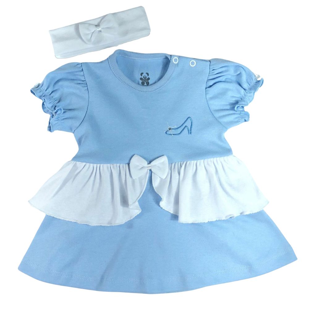 Body vestido bebê fantasia manga curta franzida azul e branco bordado princesa cinderela com faixa de cabelo