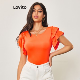 Lovito Casual Camiseta Feminina Lisa de Camada Dupla com Babados LBL05204 (Laranja Queimado)