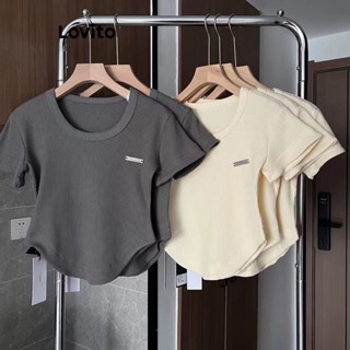 Lovito Casual Camiseta Feminina Lisa com Moeda LNA26114 (Damasco/Cinza)