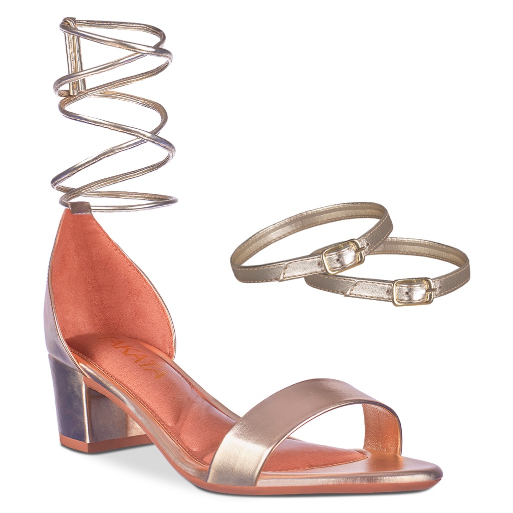 Sandália Feminina Metalizada Festa Dourada Prata Salto Baixo Confortável Grosso Amarração