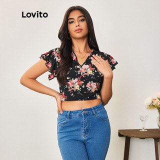 Lovito Casual Camiseta Feminina com Estampa Floral e Babados LBA05103 (Preto)