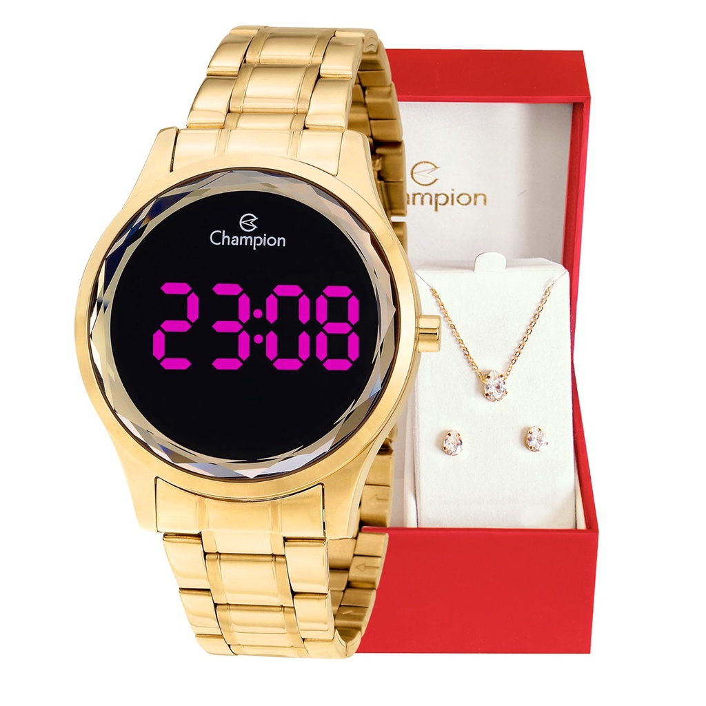 Relógio Champion Feminino Digital Dourado + Kit Colar e Brincos Original À Prova d'Água Mulher Namorada Barato CH48019H