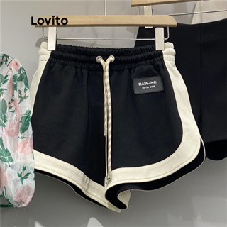 Lovito Casual Shorts Feminino Largo de Cintura Média com Estampa de Texto Cordão e Fita de Contraste LNE12135 (Preto)