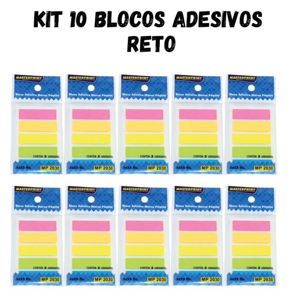 Kit 10 Bloco Adesivo Marcador de Páginas 5 Cores Neon Reto MASTERPRINT