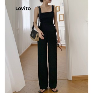 Lovito Macacão Básico Liso Casual Para Mulheres LNE39485 (Preto)