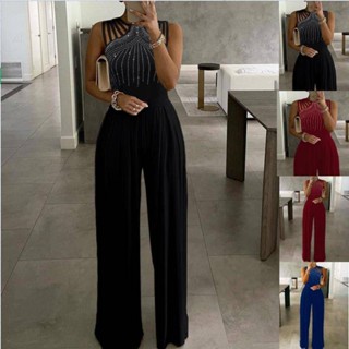 2024 Plus Size 4XL 5XL Mulheres Elegantes Mangas Partywear Macacões Festa Formal Romper Studded Perna Larga Macacão Total Feminino
