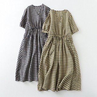 Vestido De Verão Novo Artístico Retrô Xadrez De Algodão E Linho De Comprimento Médio Solto casual Com Decote Em V De Manga Curta