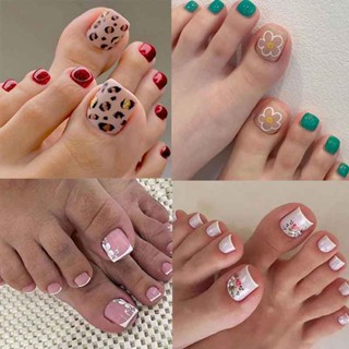 24 Peças unha postiça decoradas para pé com cola Reutilizáveis