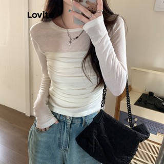 Lovito Camiseta Feminina Casual De Malha Lisa E Contrastante Com Babados LNA34008 (Verde Claro/Branco Claro)