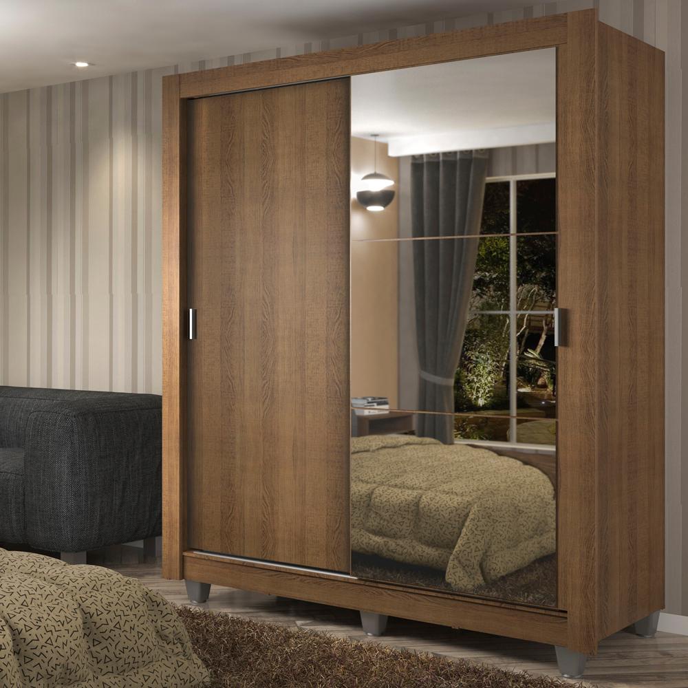 Guarda-Roupa Solteiro Madesa Dallas Plus 2 Portas de Correr com Espelho 4 Gavetas com Pés - Rustic - Home & Living