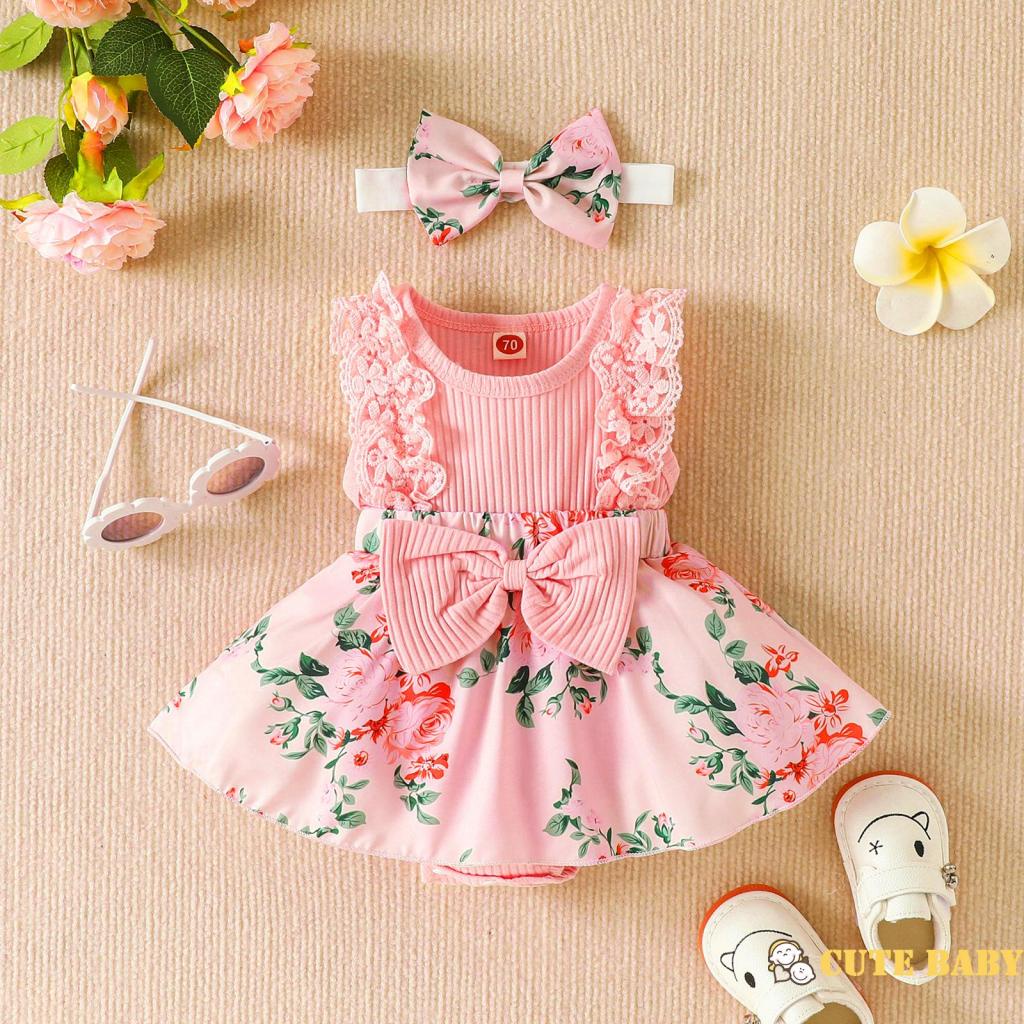 Eph-Macacão Infantil De Retalhos Para Bebês Meninas Com Estampa De Flores E Faixa De Cabeça，0-18 Meses em Oferta na Shopee