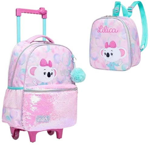 Kit  Mochila Rodinhas + Lancheira Rosa-LILICA Ripilica