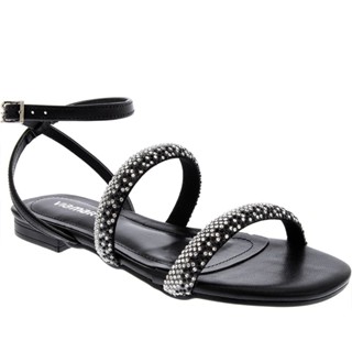 Sandália Rasteira Via Marte Tiras Strass Preto