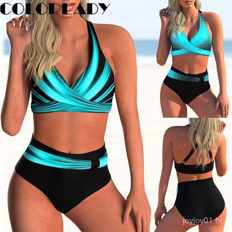 Conjunto de Biquíni Feminino Sexy Push Up Cintura Alta Floral Halter Duas Peças Moda Praia Verão 2025 Estampa saia de pr