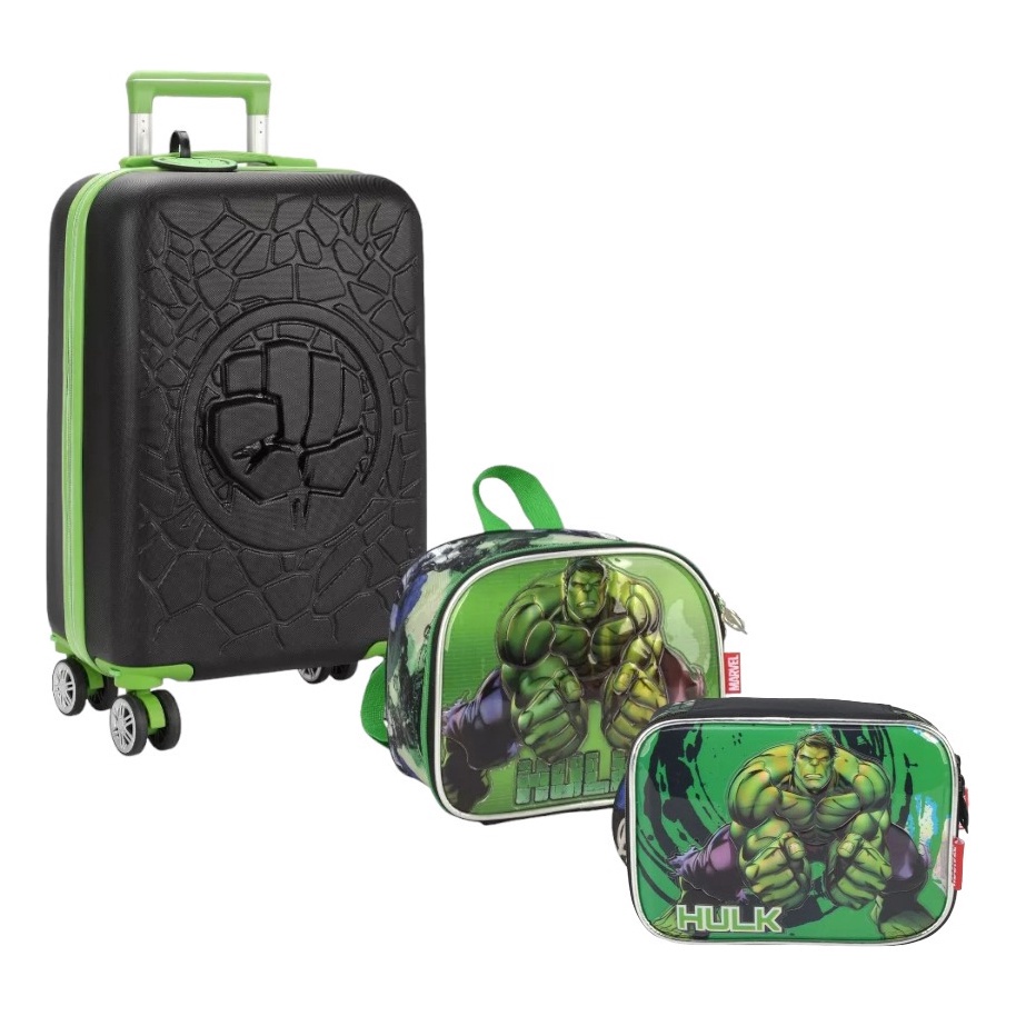 Kit Malinha Escolar Mala Infantil Hulk Rodinhas 360 Estojo