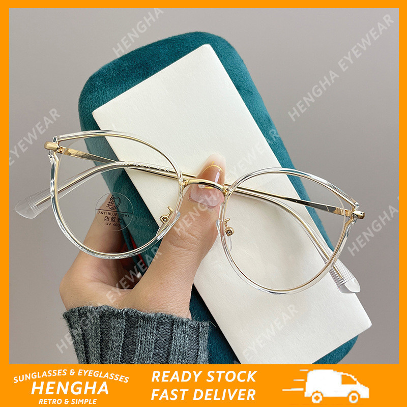 (HENGHA) Armação Redonda Metálica Óculos Transparentes Femininos Da Moda Coreana Ocos De Gato Anti-Luz Azul em Oferta na Shopee