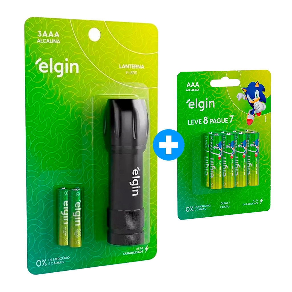 Kit Lanterna de Bolso Elgin 9 leds + 8 Pilha Alcalina AAA