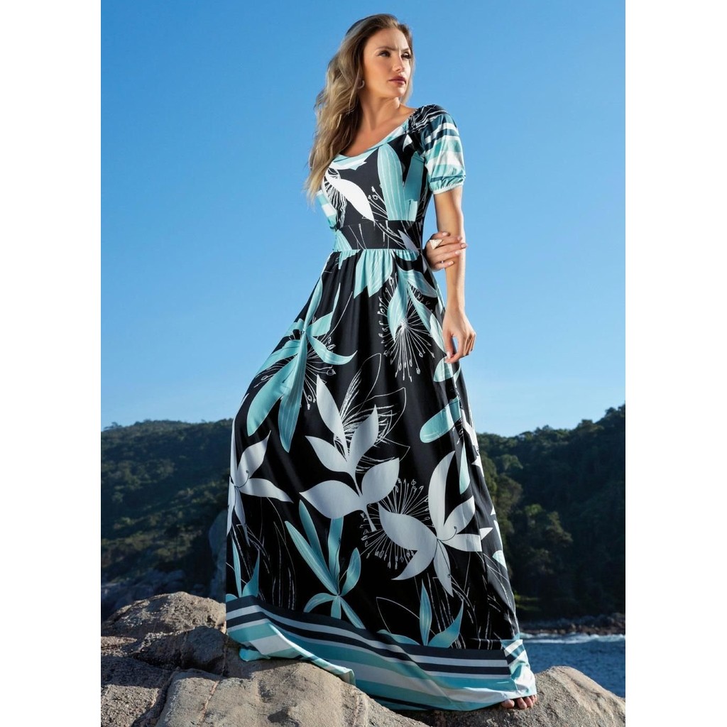 Vestido Com Elástico No Punho Azul Quintess em Oferta na Shopee