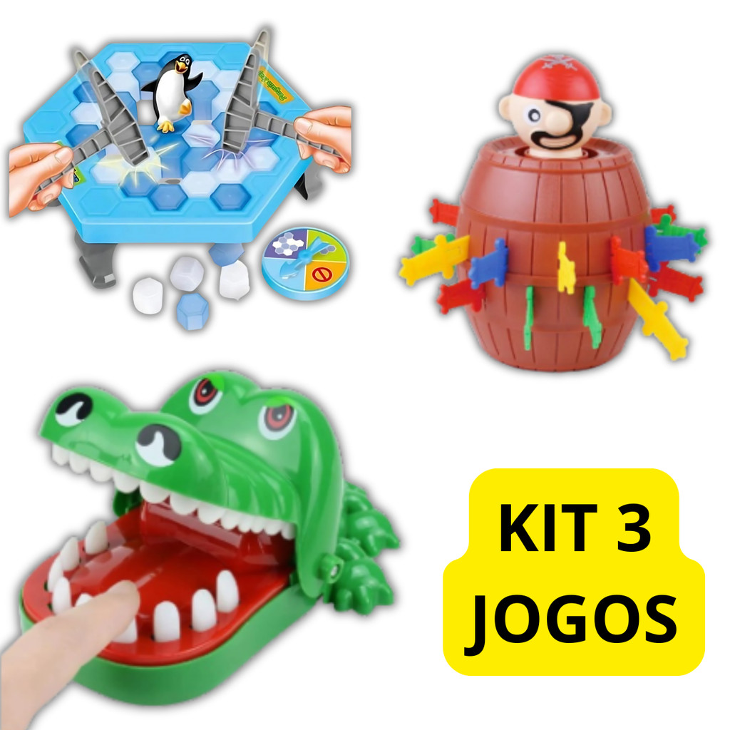 Kit 3 Jogos Infantis Crocodilo morde + pula Pirata + Pinguim quebra gelo jogos de mesa diversão