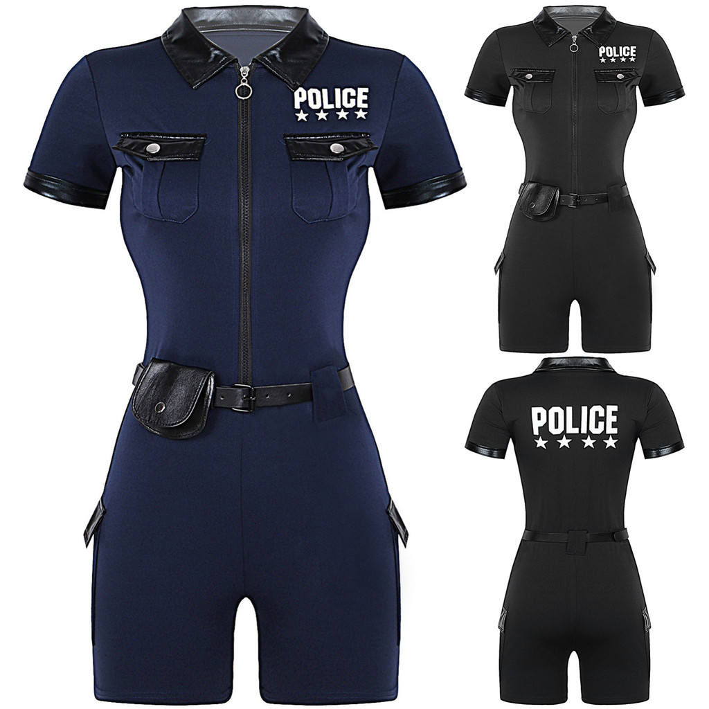 Aislor Feminino Sujo Policial Vestir-Se Traje Frente Zíper Manga Curta Macacão Com Cinto E Bolsa Uniforme