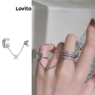 Lovito Casual Simples Anel Feminino com Formato de Borboleta com Strass L63AD045 (Prata)