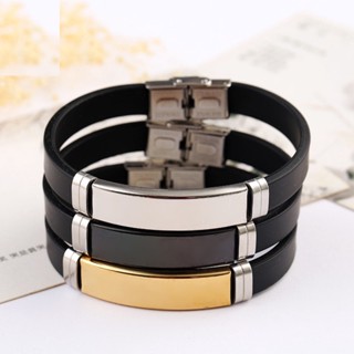 Moda Masculina Feminina Pulseiras Etiquetas de Silicone Para id em lisa de Aço Inoxidável Pulseira Para Gravar Cor Preta Dourada Bracelete de Placa de Metal