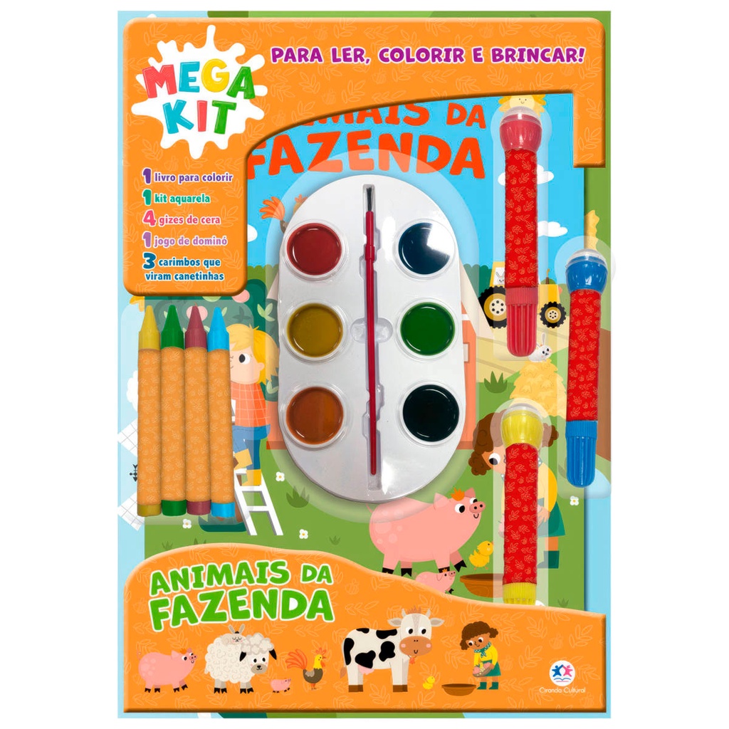 Livro Animais da Fazenda - Ler, Colorir e Brincar (livro + aquarela + giz de cera + dominó + carimbo e canetinha)