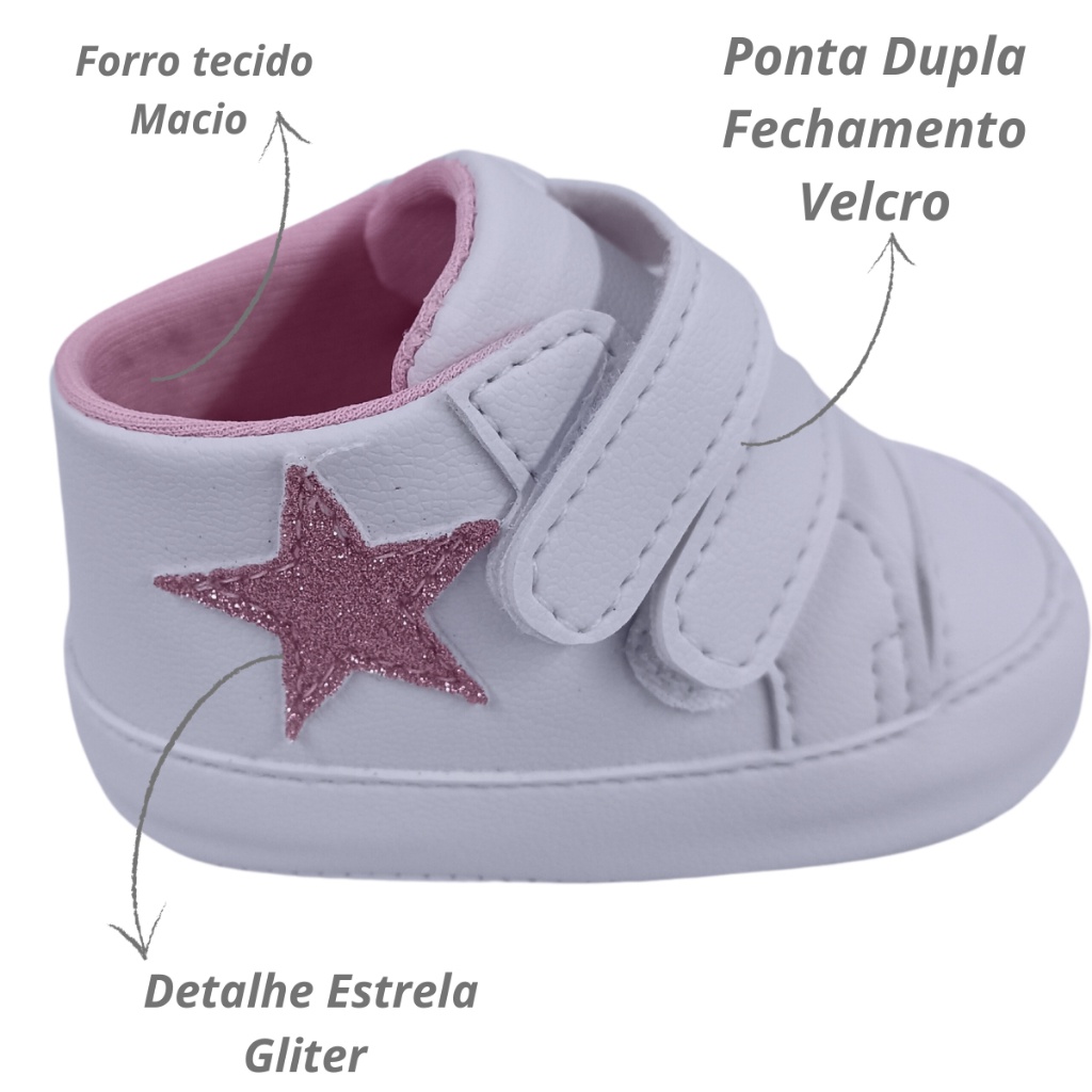 Tenis bebe menina Lindo e Confortável Com Detalhe Estrela Gliter