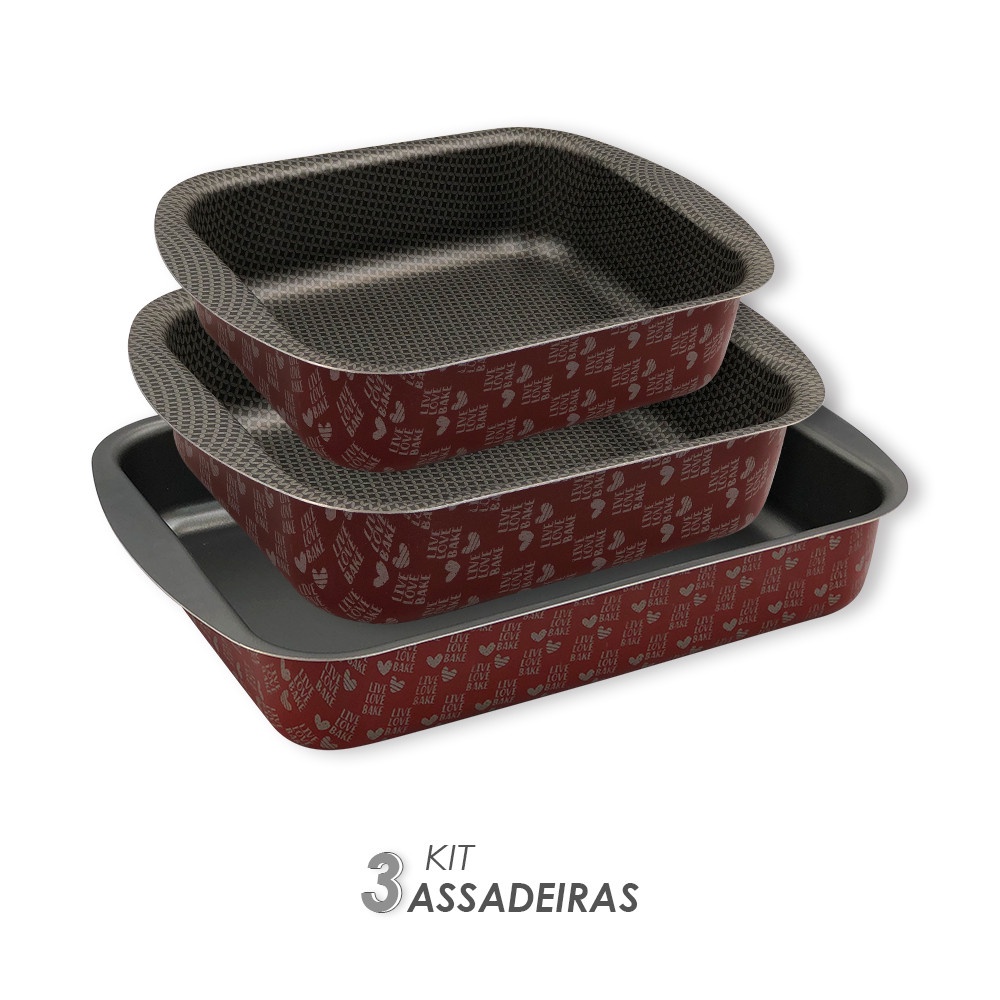 Kit Assadeiras Antiaderentes 3 peças - Vermelha - Assar Assadeiras Antiaderentes Assadeira