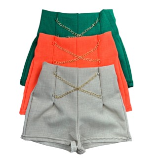Novidade Kit com 3 Short de Linho com Correntes Social Feminino Com Elástico Na Cintura Moda Blogueira
