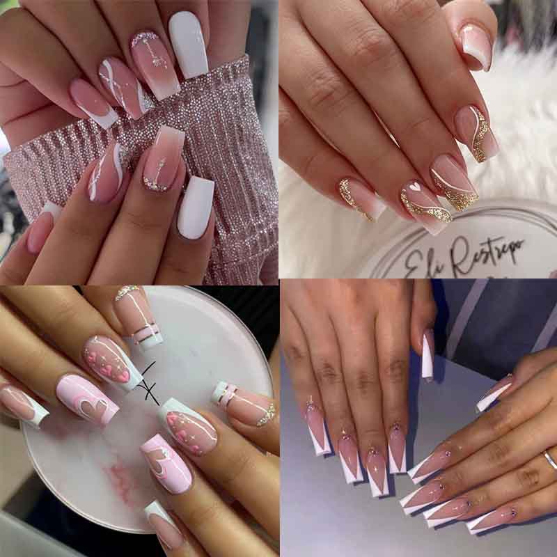 24 Peças unhas postiças decoradas realista francesinha quadrada média Com Cola Naturais Franceses Decorados