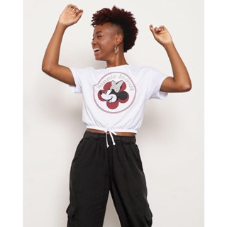 Camiseta Feminina Cropped Manga Curta Minnie Disney Paetê Branca