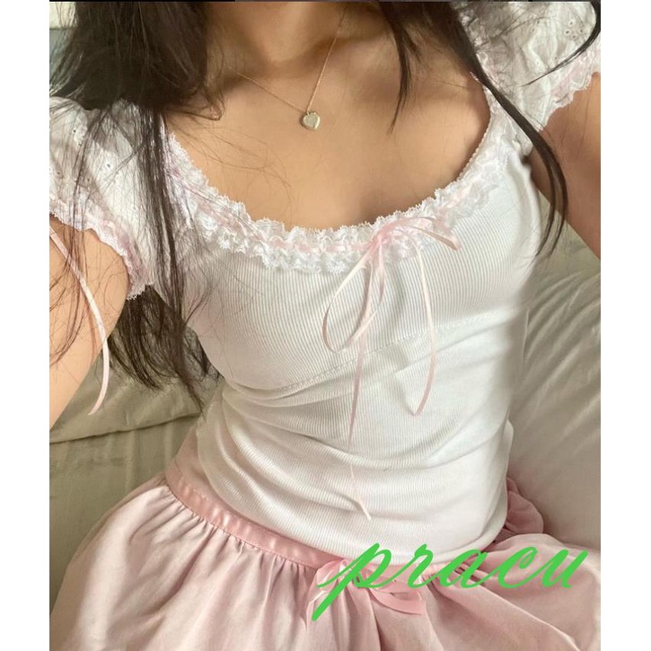 Blusa Feminina Y2K com Laço e Renda - Camiseta Estilosa com Decote Redondo e Cordão, Manga Curta, Elástica e Confortável em Oferta na Shopee