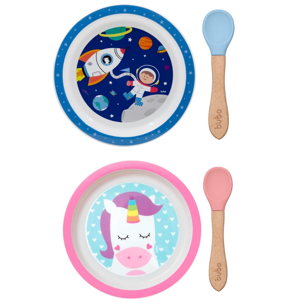 Kit Introdução Alimentar Buba Pratinho e Colherzinha de Silicone e Cabo de Bambu BPA free