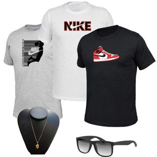 kit 03 camisetas algodão premium + óculos de sol + corrente