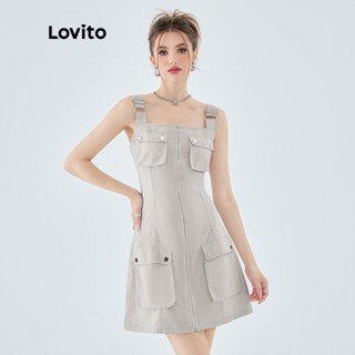 Lovito Casual Vestido Feminino Liso com Bolso e Zíper de Metal L49ED089 (Cáqui)